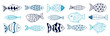 Collection of vector hand-drawn cute fish in flat style. Big set of fish body vector icons. Vector illustration for icon, logo, print, icon, card, emblem, label, sticker