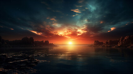 Wall Mural - The red sun rises beyond the horizon of the sea surrounded by rock formations under the dark night sky. Fantastic seascape at dawn and dusk.