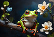 acrylic and oil painting art of a happy tree frog on a branch and flowers on creative dark background.