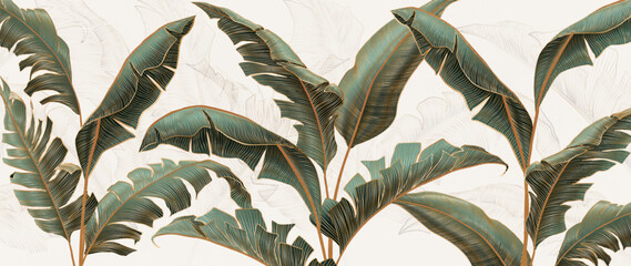 Wall Mural - abstract luxury botanical background with tropical palm leaves with golden elements in line art styl