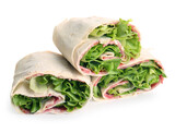 Fototapeta Kuchnia - Tasty lavash rolls with sausages and greens isolated on white background