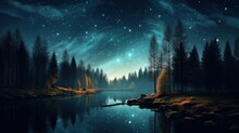 A Serene Nighttime Scene Of A Forest Under The Starry Sky AI Generated
