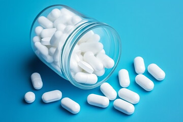 A transparent glass vial filled with white pills lies knocked over. A few pills around the vial. Blue background. Blue background. Health, medicine, pharmaceutical background. Generati