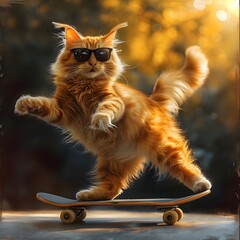 Cat riding on skateboard, happy hipster cute kitten skater wearing stylish sunglasses, sunset skate park background. Creative animal funny pet holiday maker concept 3d modern digital artwork.