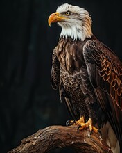 Portrait Majestic Of Bald Eagle Standing On Old Log AI Generative