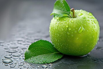 Wall Mural - A fresh green apple with water droplets