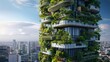 A futuristic skyscraper adorned with vertical gardens, solar panels, and innovative eco-friendly designs