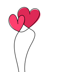 Wall Mural - two pink air balloon hearts continuous wavy line art drawing on white background.