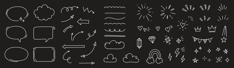 Aufkleber - Sketch line arrow element, star, heart shape on chalkboard background. Hand drawn doodle sketch style circle, cloud speech bubble grunge element. Arrow, star, heart decoration. Vector illustration