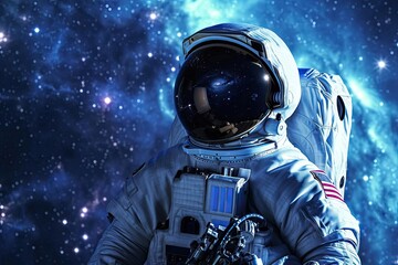 Wall Mural - Model as an astronaut in a space suit With a realistic space background