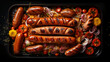Tray of grilled hot dogs and bratwursts on tray