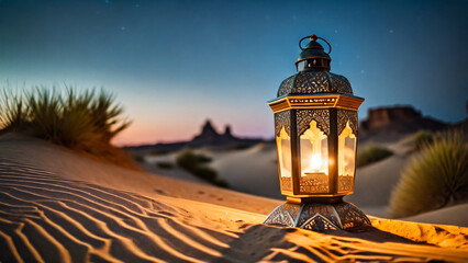 Wall Mural - Lanterns shine in the desert at night. Suitable for the background of Islamic events