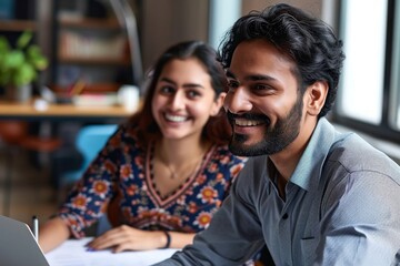 Two professionals - happy smiling indian hr manager and latin young female colleague at office meeting having fun. Mentoring Hispanic male teacher and, Generative AI 