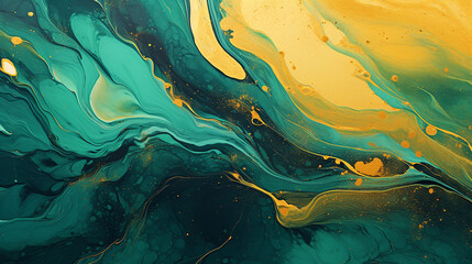 Wall Mural - Fluid art texture design. Background with floral mixing paint effect. Mixed paints for posters or wallpapers. Gold and Emerald Green overflowing colors. Liquid acrylic picture that flows and splash