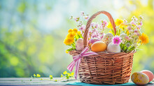 Easter Basket With Easter Eggs And Flowers