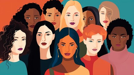 A group portrait of diverse women smiling from different races and colors,  DEI concept background, celebrating international women's day with Diversity Equity Inclusion