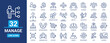 Manage icon set. Containing management, project, supervision, leadership, admin, teamwork, planning, manager and more. Outline vector icons collection.