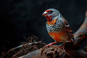 Wall Mural - Portrait of Zebra Finch standing on old wood isolated on black  AI Generative