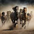 Group of horses galloping in grassland Group of horses running across plains Horse herd run fast in desert dust against dramatic sunset sky.