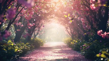 Canvas Print - Pink tree and flowers blossom and falling at the garden tunnel on morning with sunlight. 