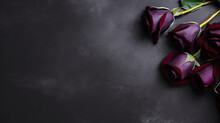 Top View Of Natural And Fresh Dark Red Roses On Dark Surface. Garnet Or Wine Red Flowers Bunch Wallpaper Or Background With Copy Space For Text. Generative AI.