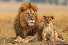 Adult Lion With A Lush Mane Lying Beside A Young Cub In The Golden Grass Of The Savannah, Both Gazing Into The Distance.