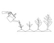 Continuous single line sketch drawing of watering can plant tree seedling growth. One line art of nature agriculture farming economy growing vector illustration