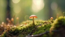 Macro View Of A Tiny Mushroom Growing At The Base Of A Tall And Sy Tree Trunk.