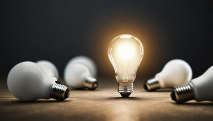 Bright lightbulb amidst dark, symbolizing innovation & creativity in a barren space, with room for imagination