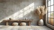 Console table made of rustic wood with copy space against a wall of beige plaster. Japanese interior design for a contemporary foyer. ..