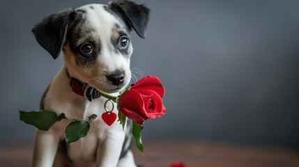 Canvas Print -  a black and white puppy with a red rose in it's mouth is sitting on a table and looking at the camera.