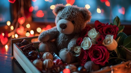 Sticker -  a  bear sitting in a box with roses and chocolates in front of a lite - up background.