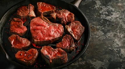 Canvas Print -  steaks are cooking in a frying pan with red pepper sprinkles on the side of the pan.