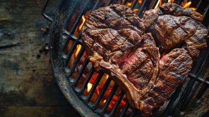 Canvas Print -  steaks cooking on a bbq grill with flames coming out of the top of the grill and on the bottom of the grill.