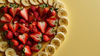 Poster -  a pie with sliced bananas and strawberries arranged in the shape of a heart on top of a yellow background.