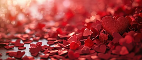 Poster -  a bunch of red hearts that are on a white and silver surface with a blurry background of red hearts.