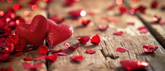 Wall Mural -  a red heart sitting on top of a wooden table next to a pile of red heart shaped confetti.