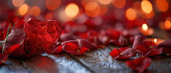 Poster -  a heart - shaped piece of red paper surrounded by rose petals on a wooden surface with boke of lights in the background.