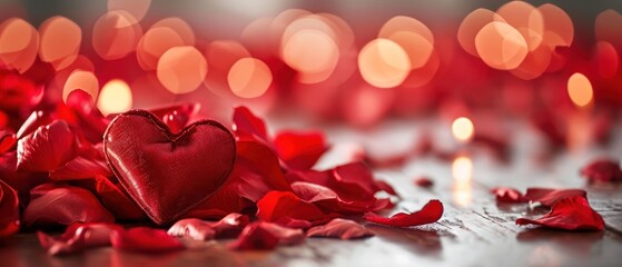 Canvas Print -  a red heart sitting on top of a table next to a bunch of red rose petals and a lit candle.