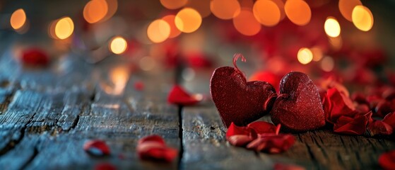 Poster -  a couple of red hearts sitting on top of a wooden table next to a bunch of red rose petals on top of a wooden table.