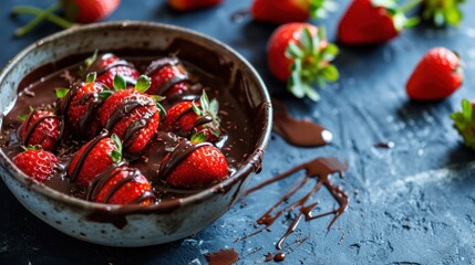 Poster -  a bowl of chocolate covered strawberries with chocolate drizzled on the side and strawberries on the side.