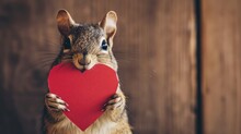  A Squirrel Holding A Red Heart In Front Of A Wooden Wall And Looking At The Camera With A Serious Look On His Face.