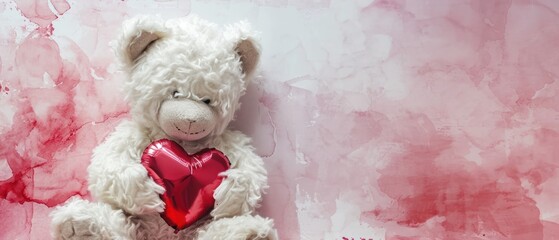 Canvas Print -  a white  bear with a red heart sitting on a pink and white wall with a pink and red background.