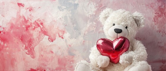 Sticker -  a white  bear holding a red heart in front of a pink and white wall with paint splatters.