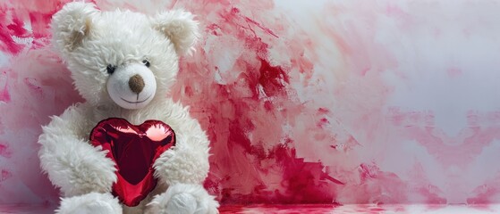 Canvas Print -  a white  bear holding a red heart in front of a pink and white wall with paint splatters. 