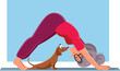 Senior Lady in Down Dog Yoga Position Vector Cartoon Illustration. Happy granny keeping a healthy active lifestyle with her pet
