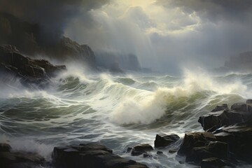 Wall Mural - A vibrant painting capturing the raw power of ocean waves as they collide with rugged rocks., A seascape on a cloudy day with crashing waves against a coastline, AI Generated