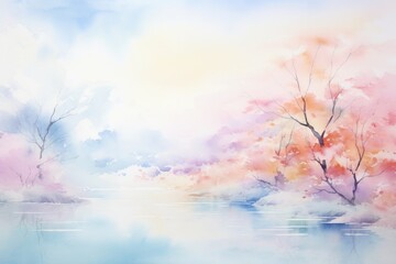 Wall Mural - A serene painting depicting a river surrounded by lush trees in the background., A serene landscape of soft, calming, abstract watercolor strokes, AI Generated