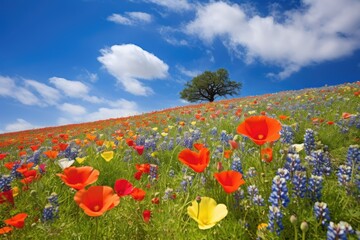 Poster - A stunning landscape featuring a vibrant field of flowers with a majestic tree in the background., A serene field full of brightly colored wildflowers in the spring, AI Generated