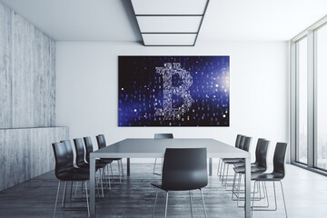 Poster - Creative Bitcoin symbol on presentation tv screen in a modern meeting room. Cryptocurrency concept. 3D Rendering